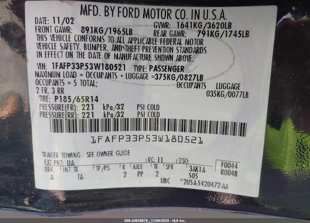 2003 FORD FOCUS LX VIN: 1FAFP33P53W180521