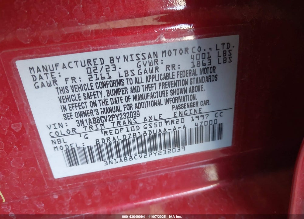 2023 NISSAN SENTRA SV XTRONIC CVT VIN: 3N1AB8CV2PY232039