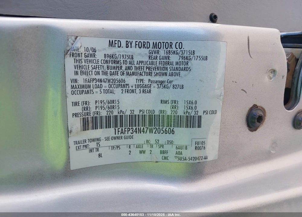 2007 FORD FOCUS S/SE/SES VIN: 1FAFP34N47W205606