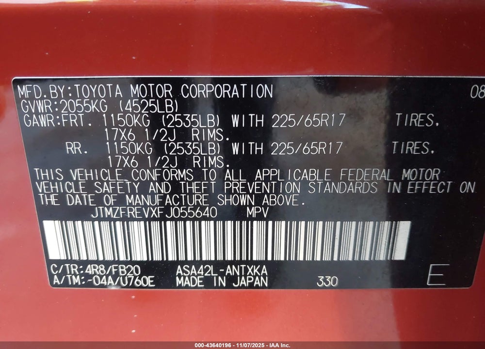 2015 TOYOTA RAV4 VIN: JTMZFREVXFJ055640