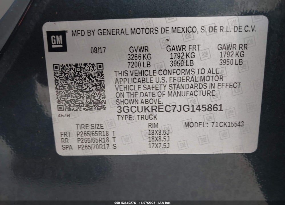 2018 CHEVROLET SILVERADO 1500 VIN: 3GCUKREC7JG145861