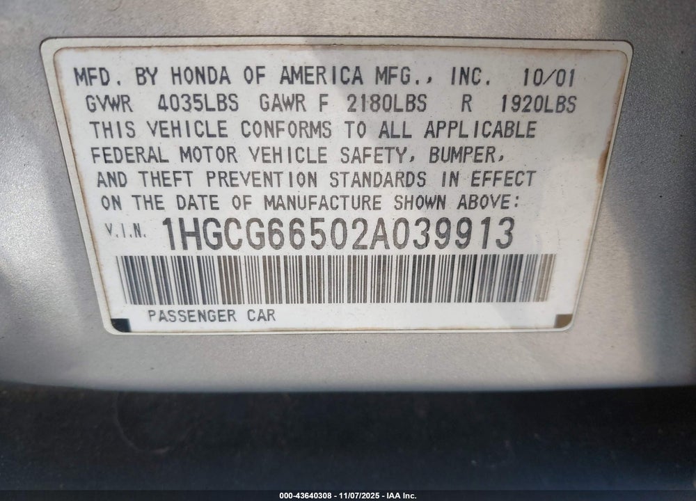 2002 HONDA ACCORD 2.3 LX VIN: 1HGCG66502A039913