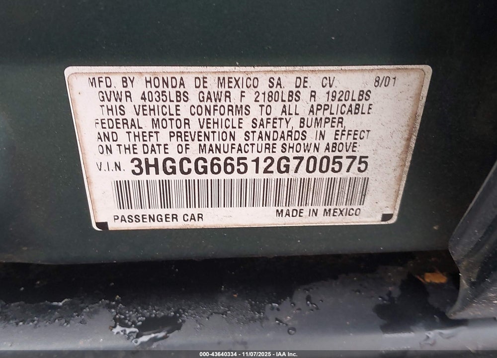 2002 HONDA ACCORD SDN LX VIN: 3HGCG66512G700575