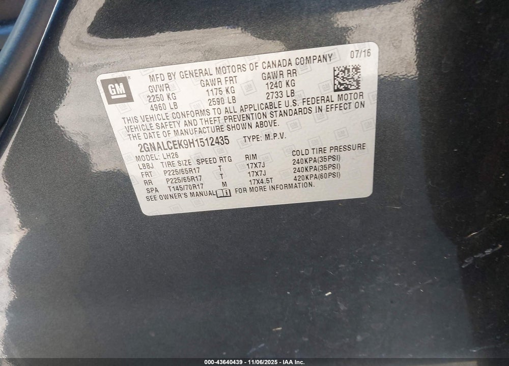 2017 CHEVROLET EQUINOX LT VIN: 2GNALCEK9H1512435