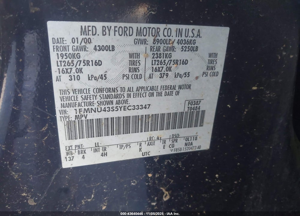 2000 FORD EXCURSION LIMITED VIN: 1FMNU43S5YEC33347
