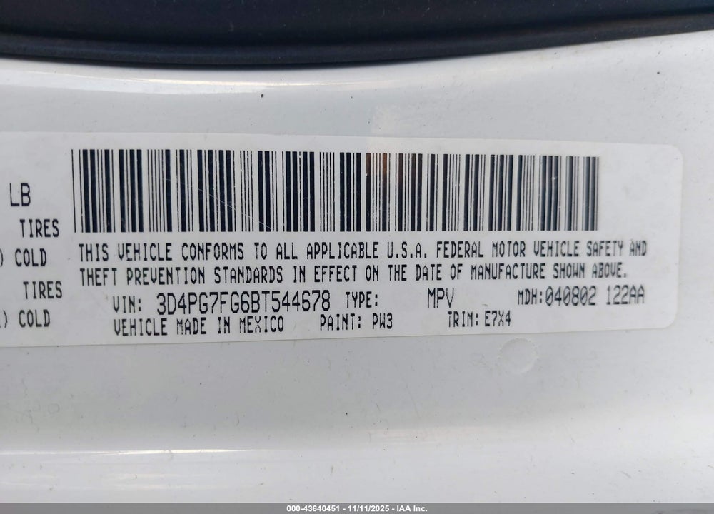 2011 DODGE JOURNEY VIN: 3D4PG7FG6BT544678
