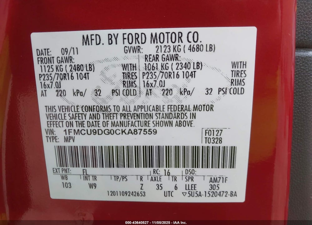 2012 FORD ESCAPE XLT VIN: 1FMCU9DG0CKA87559