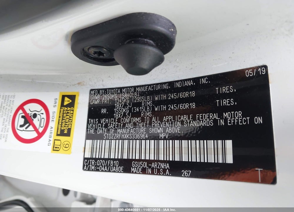 2019 TOYOTA HIGHLANDER VIN: 5TDZZRFHXKS336964