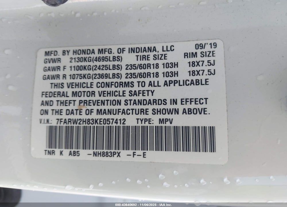 2019 HONDA CR-V EX-L VIN: 7FARW2H83KE057412