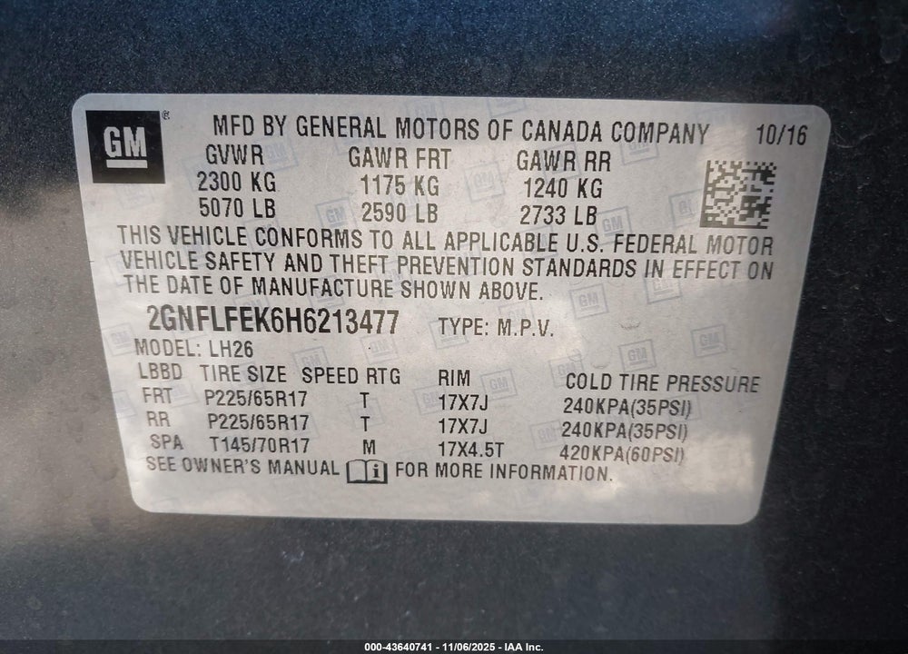 2017 CHEVROLET EQUINOX VIN: 2GNFLFEK6H6213477