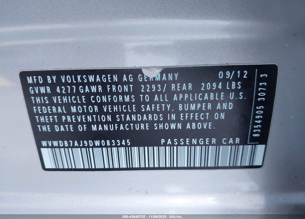 2013 VOLKSWAGEN GOLF 2.5L 4-DOOR VIN: WVWDB7AJ9DW083345
