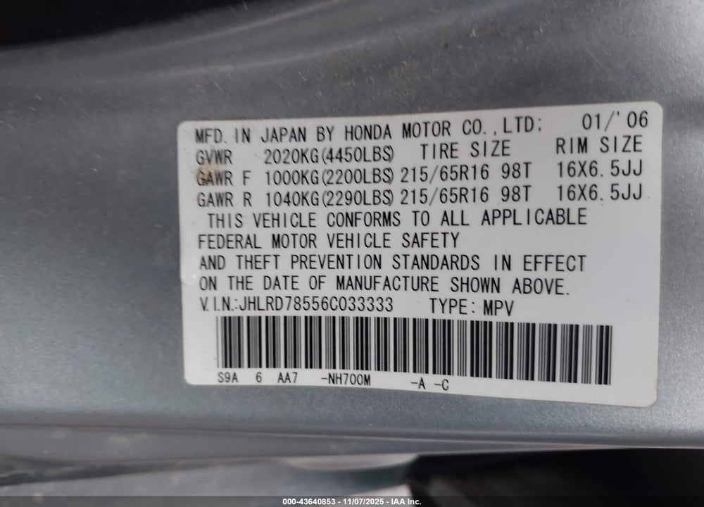 2006 HONDA CR-V LX VIN: JHLRD78556C033333