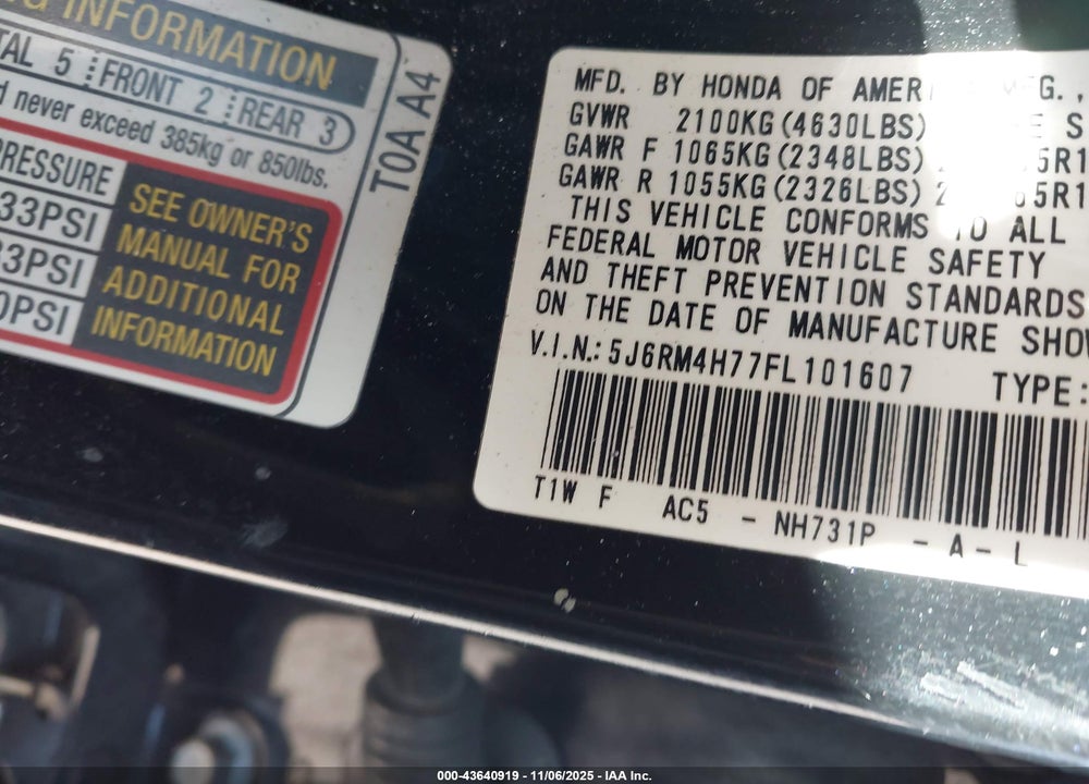 2015 HONDA CR-V EX-L VIN: 5J6RM4H77FL101607
