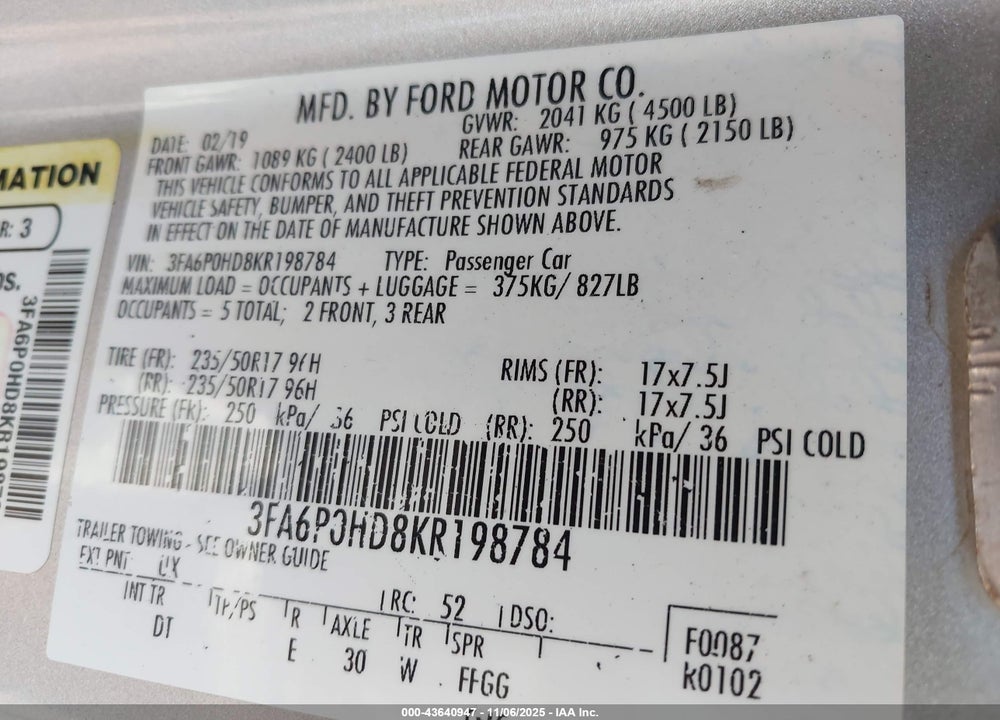 2019 FORD FUSION SE VIN: 3FA6P0HD8KR198784