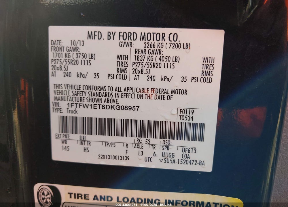 2013 FORD F-150 LARIAT VIN: 1FTFW1ET8DKG08957