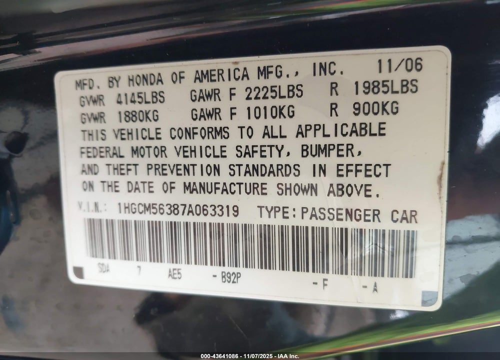 2007 HONDA ACCORD VIN: 1HGCM56387A063319