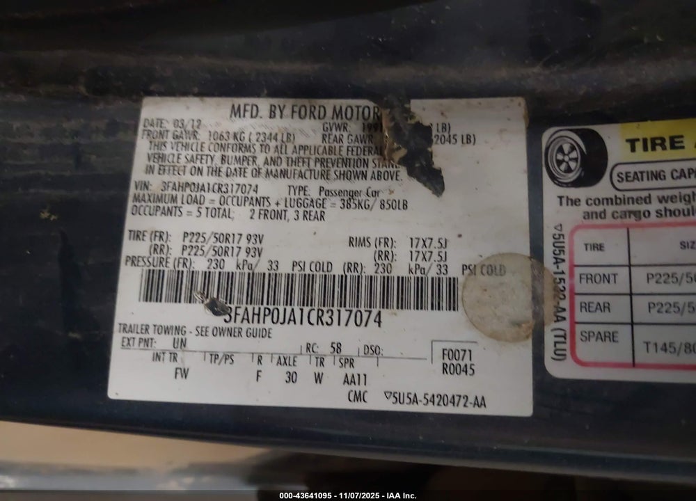 2012 FORD FUSION SEL VIN: 3FAHP0JA1CR317074