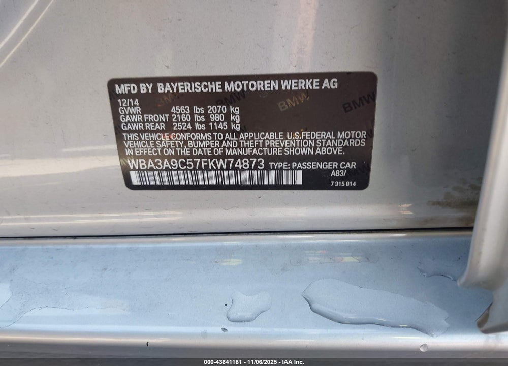 2015 BMW 335I VIN: WBA3A9C57FKW74873