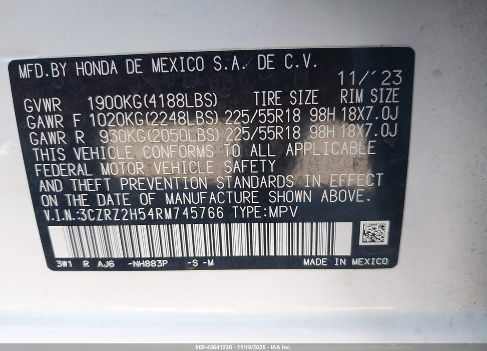 2024 HONDA HR-V AWD SPORT/AWD SPORT W/O BSI VIN: 3CZRZ2H54RM745766