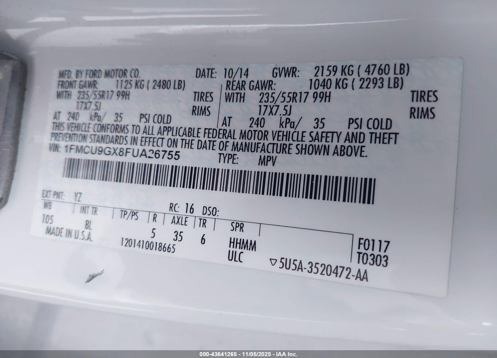 2015 FORD ESCAPE SE VIN: 1FMCU9GX8FUA26755