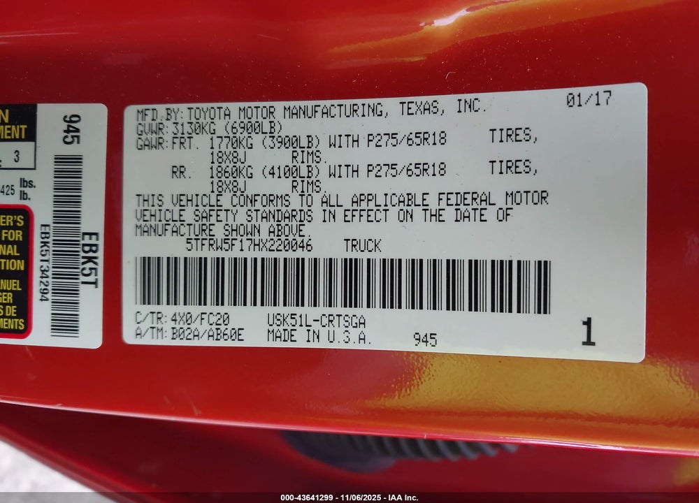 2017 TOYOTA TUNDRA VIN: 5TFRW5F17HX220046
