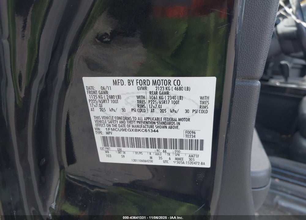 2011 FORD ESCAPE LIMITED VIN: 1FMCU9EGXBKC61344