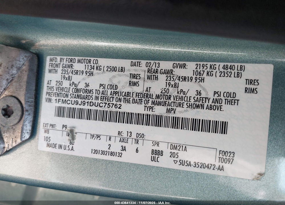 2013 FORD ESCAPE VIN: 1FMCU9J91DUC75762