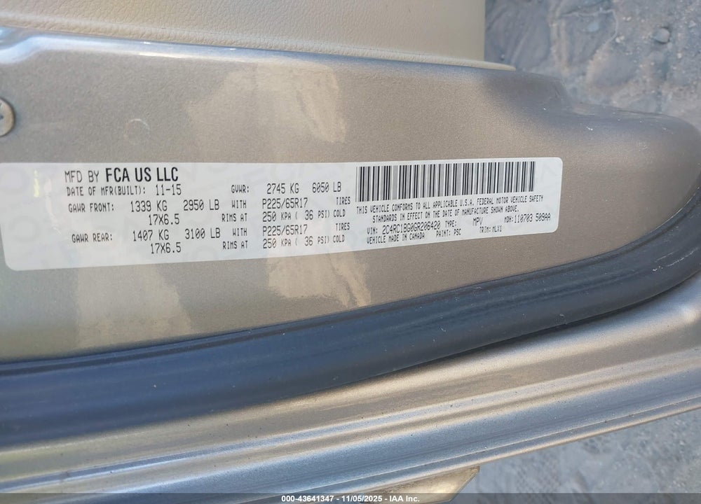 2016 CHRYSLER TOWN & COUNTRY TOURING VIN: 2C4RC1BG0GR206420