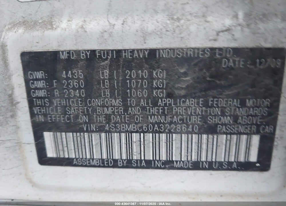 2010 SUBARU LEGACY 2.5I PREMIUM VIN: 4S3BMBC60A3228640