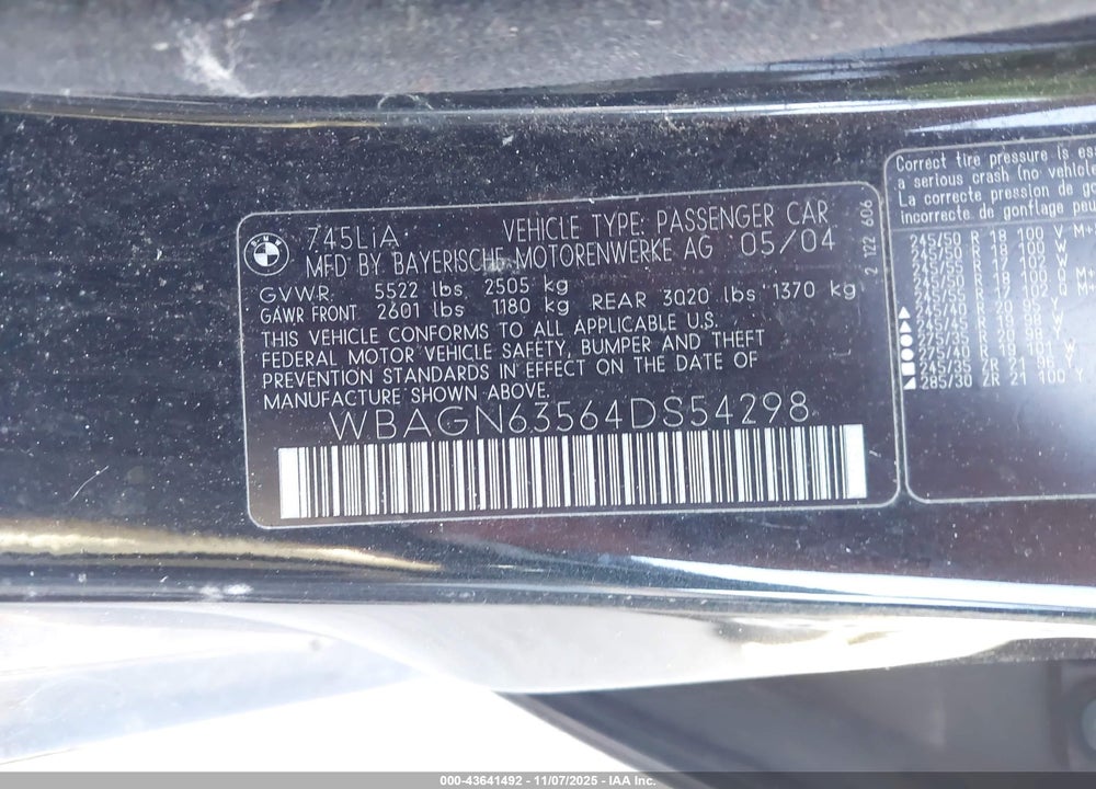 2004 BMW 745LI VIN: WBAGN63564DS54298