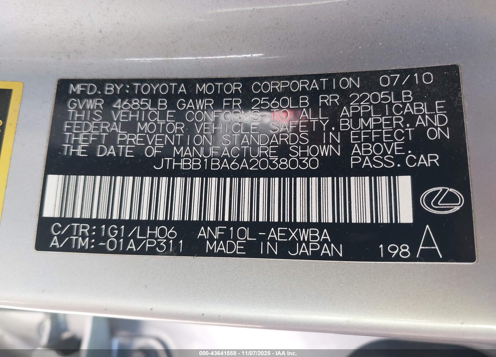 2010 LEXUS HS 250H VIN: JTHBB1BA6A2038030
