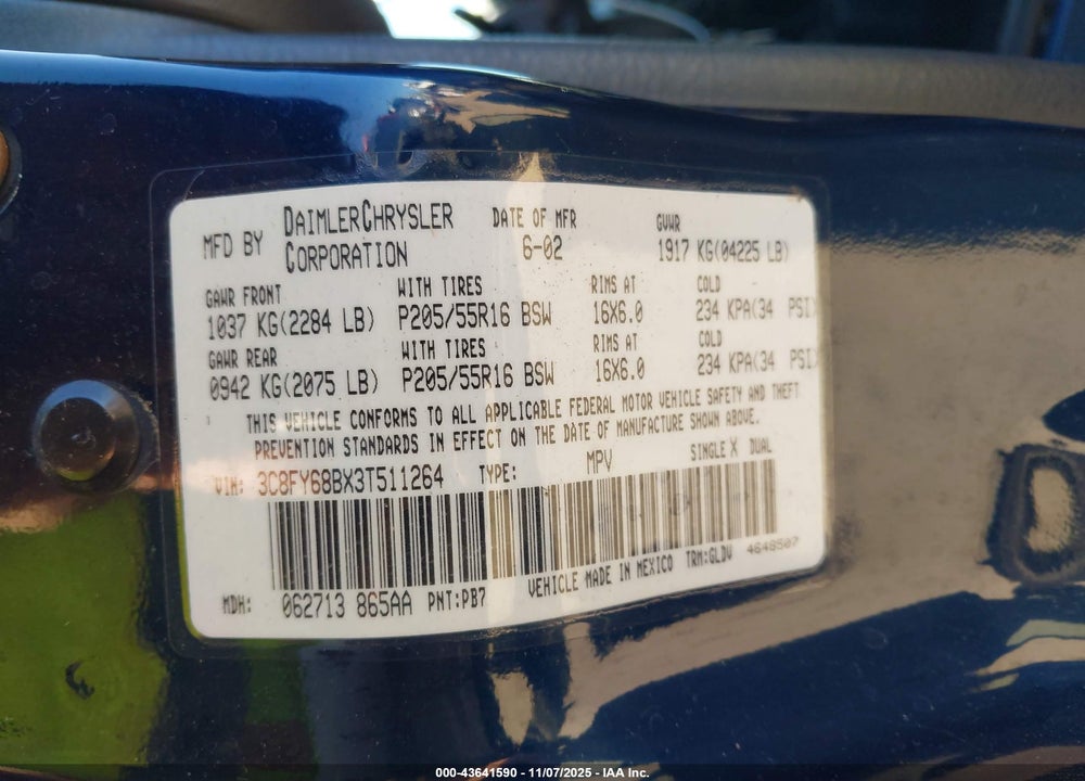 2003 CHRYSLER PT CRUISER LIMITED VIN: 3C8FY68BX3T511264