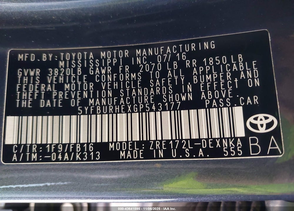 2016 TOYOTA COROLLA LE PLUS VIN: 5YFBURHEXGP543177