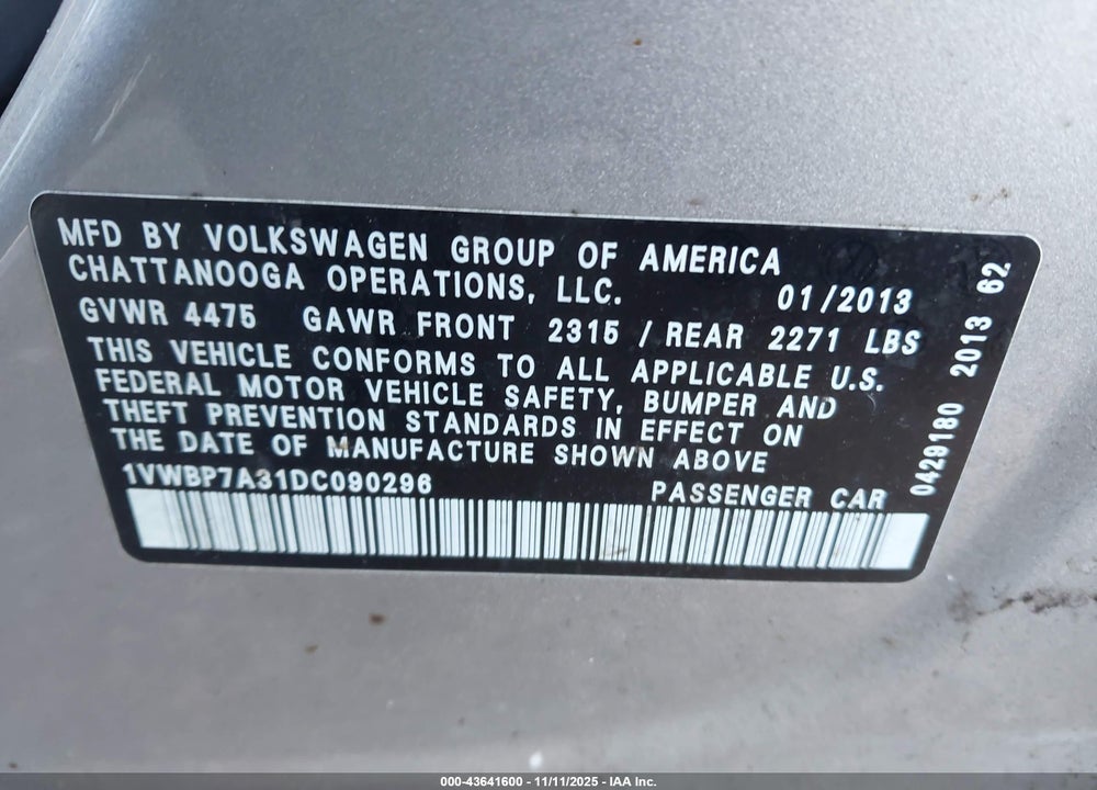 2013 VOLKSWAGEN PASSAT 2.5L SE VIN: 1VWBP7A31DC090296