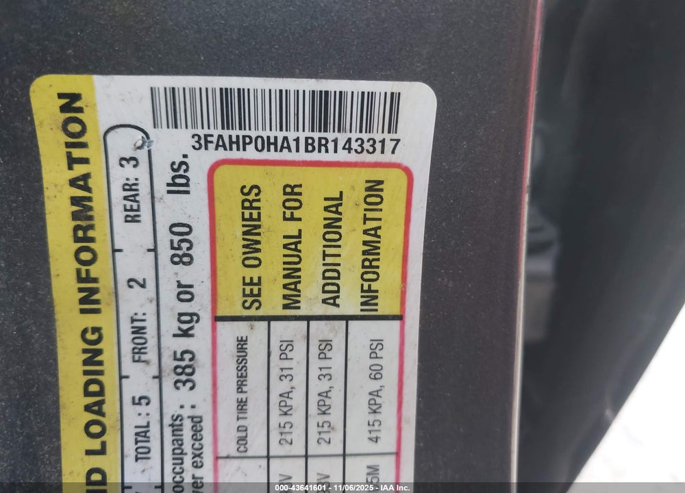 2011 FORD FUSION SE VIN: 3FAHP0HA1BR143317