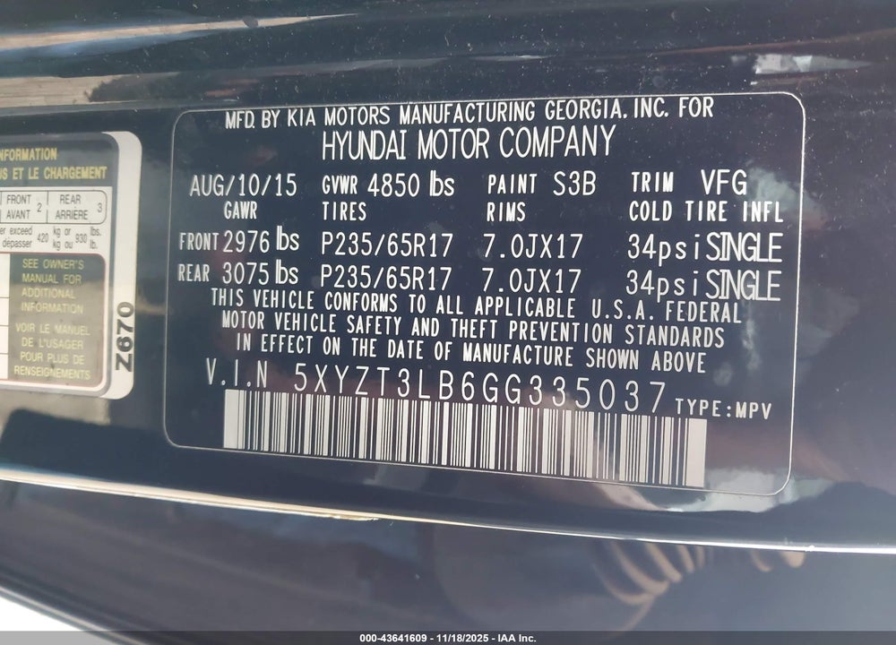 2016 HYUNDAI SANTA FE VIN: 5XYZT3LB6GG335037