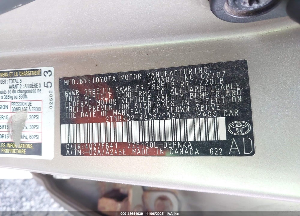 2008 TOYOTA COROLLA VIN: 2T1BR32E48C875320