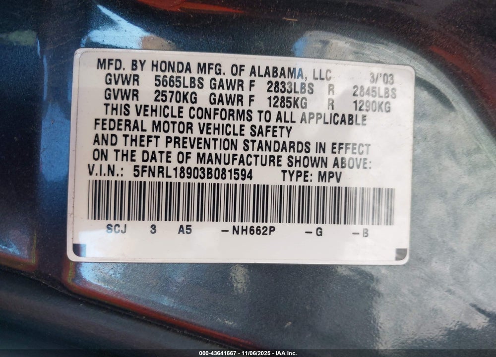 2003 HONDA ODYSSEY EX-L VIN: 5FNRL18903B081594