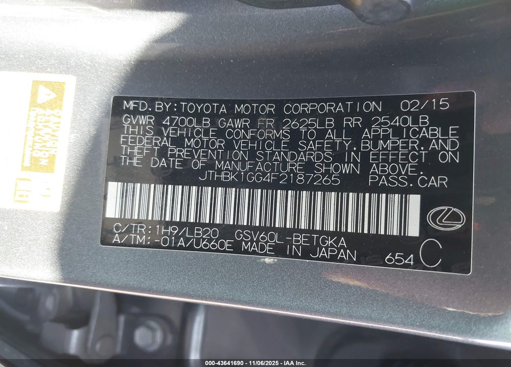 2015 LEXUS ES 350 VIN: JTHBK1GG4F2187265