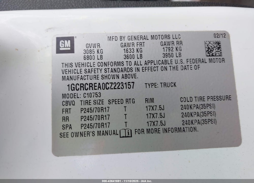 2012 CHEVROLET SILVERADO 1500 VIN: 1GCRCREA0CZ223157