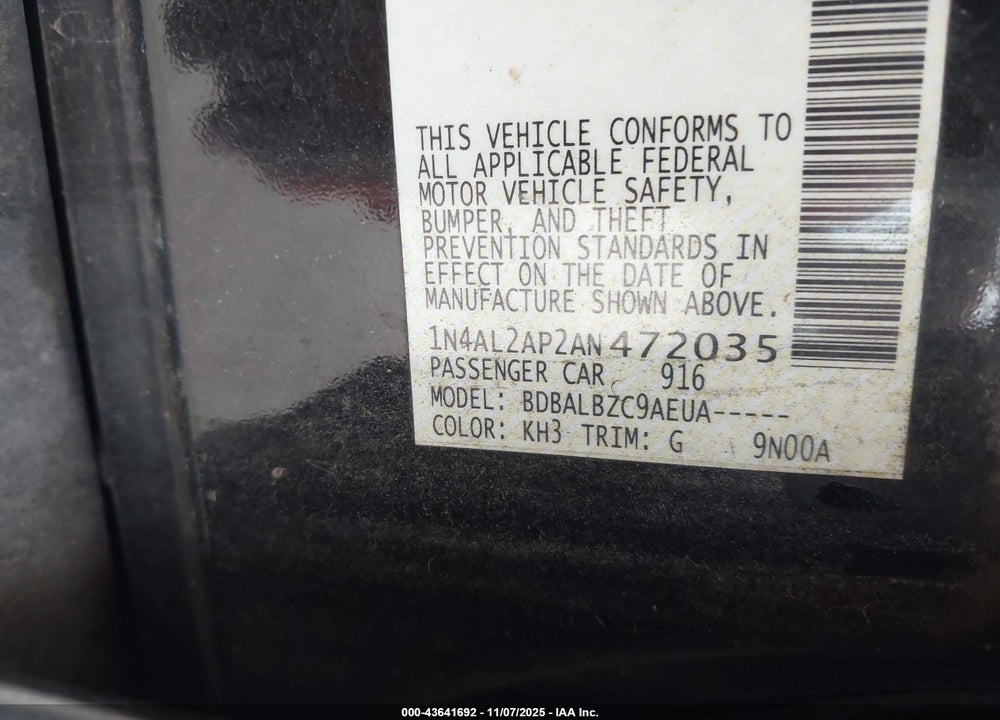 2010 NISSAN ALTIMA 2.5 S VIN: 1N4AL2AP2AN472035