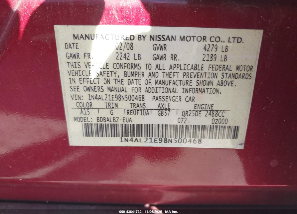 2008 NISSAN ALTIMA 2.5 S VIN: 1N4AL21E98N500468