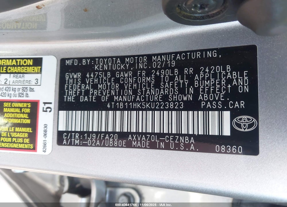 2019 TOYOTA CAMRY LE VIN: 4T1B11HK5KU223823