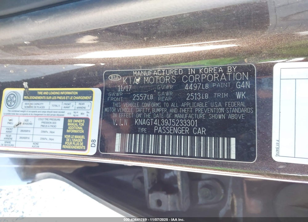2018 KIA OPTIMA LX VIN: KNAGT4L39J5233301