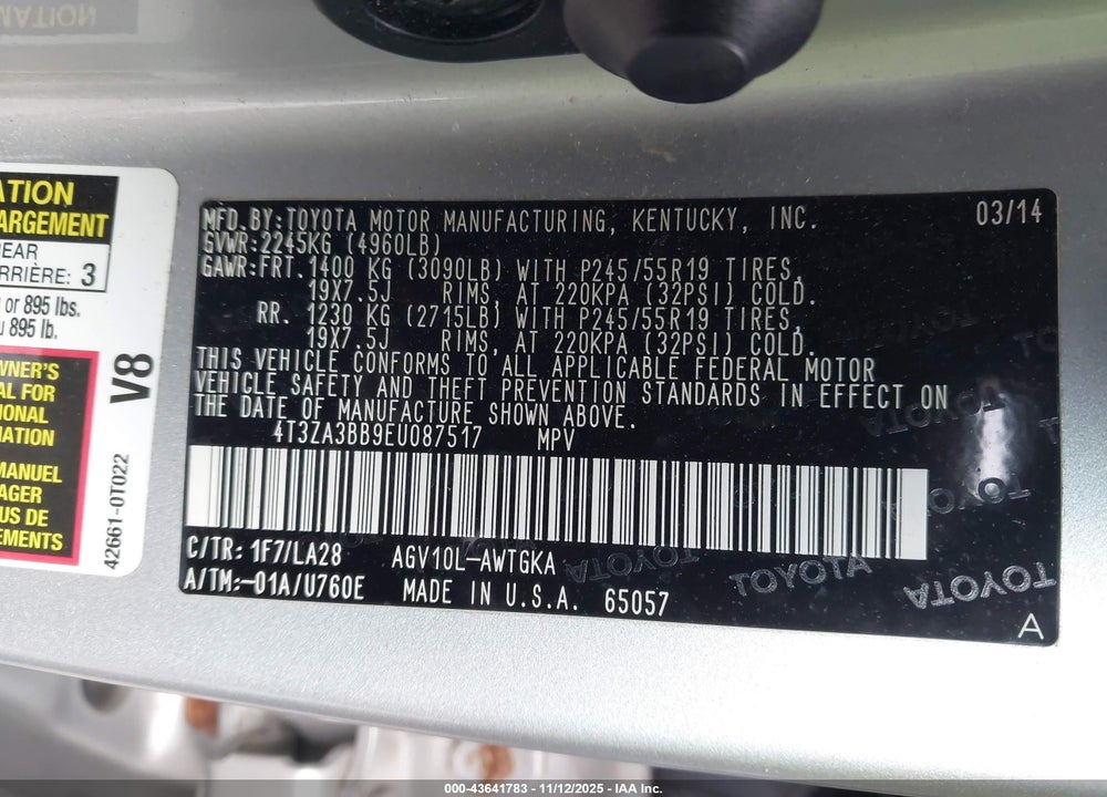 2014 TOYOTA VENZA XLE VIN: 4T3ZA3BB9EU087517