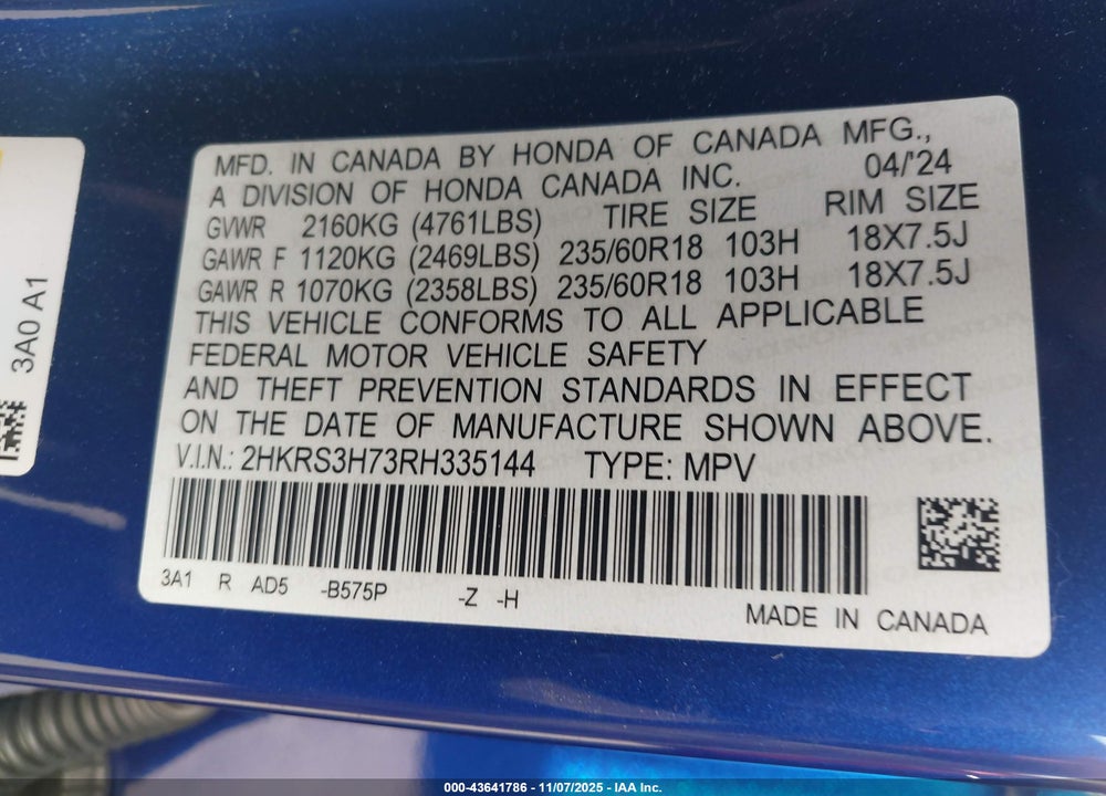2024 HONDA CR-V VIN: 2HKRS3H73RH335144