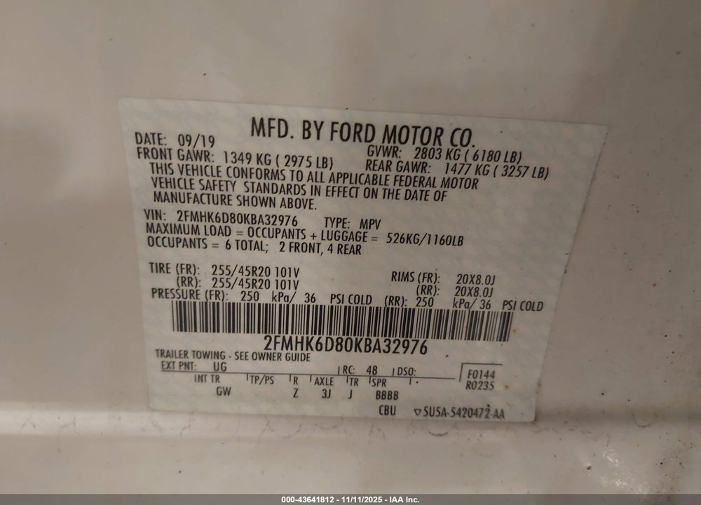 2019 FORD FLEX LIMITED VIN: 2FMHK6D80KBA32976