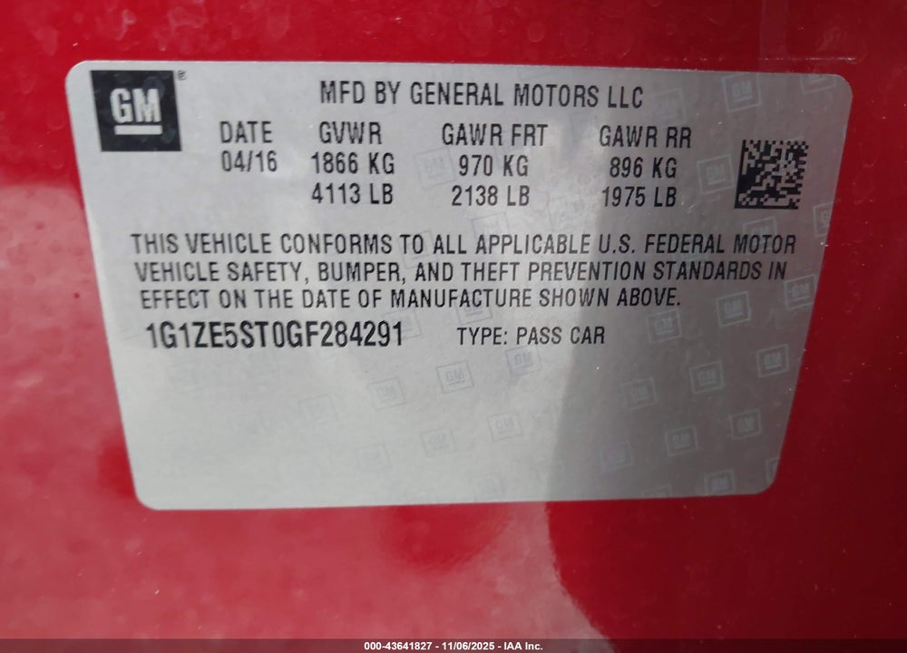 2016 CHEVROLET MALIBU VIN: 1G1ZE5ST0GF284291