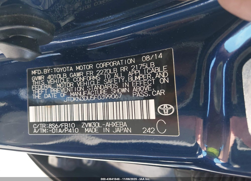 2015 TOYOTA PRIUS THREE VIN: JTDKN3DU5F0399067