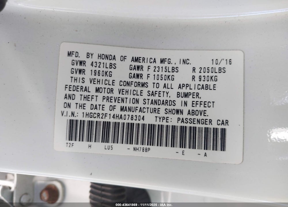 2017 HONDA ACCORD SPORT SE VIN: 1HGCR2F14HA078304